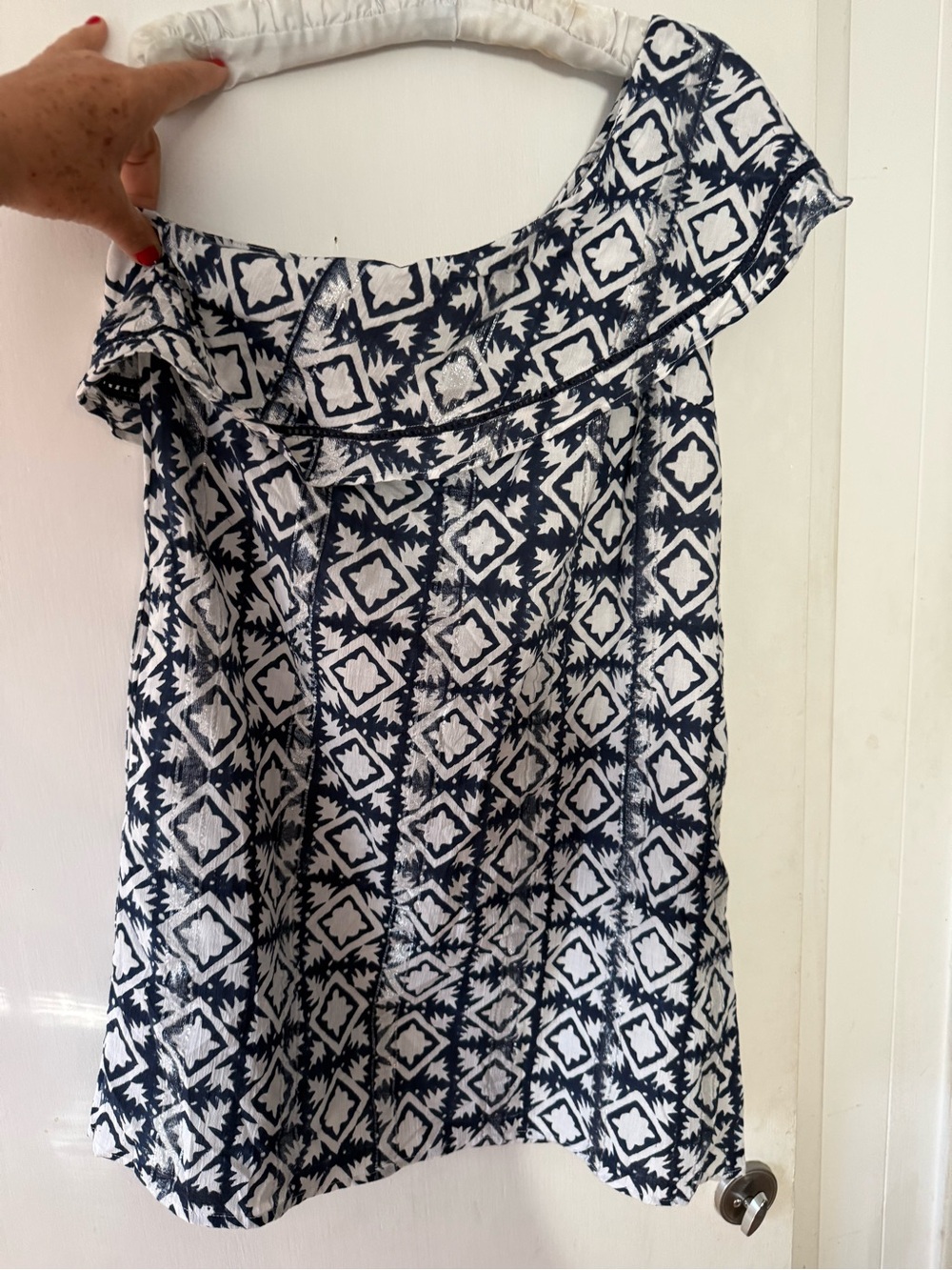 Oliphant Navy and White Printed Off-Shoulder Top